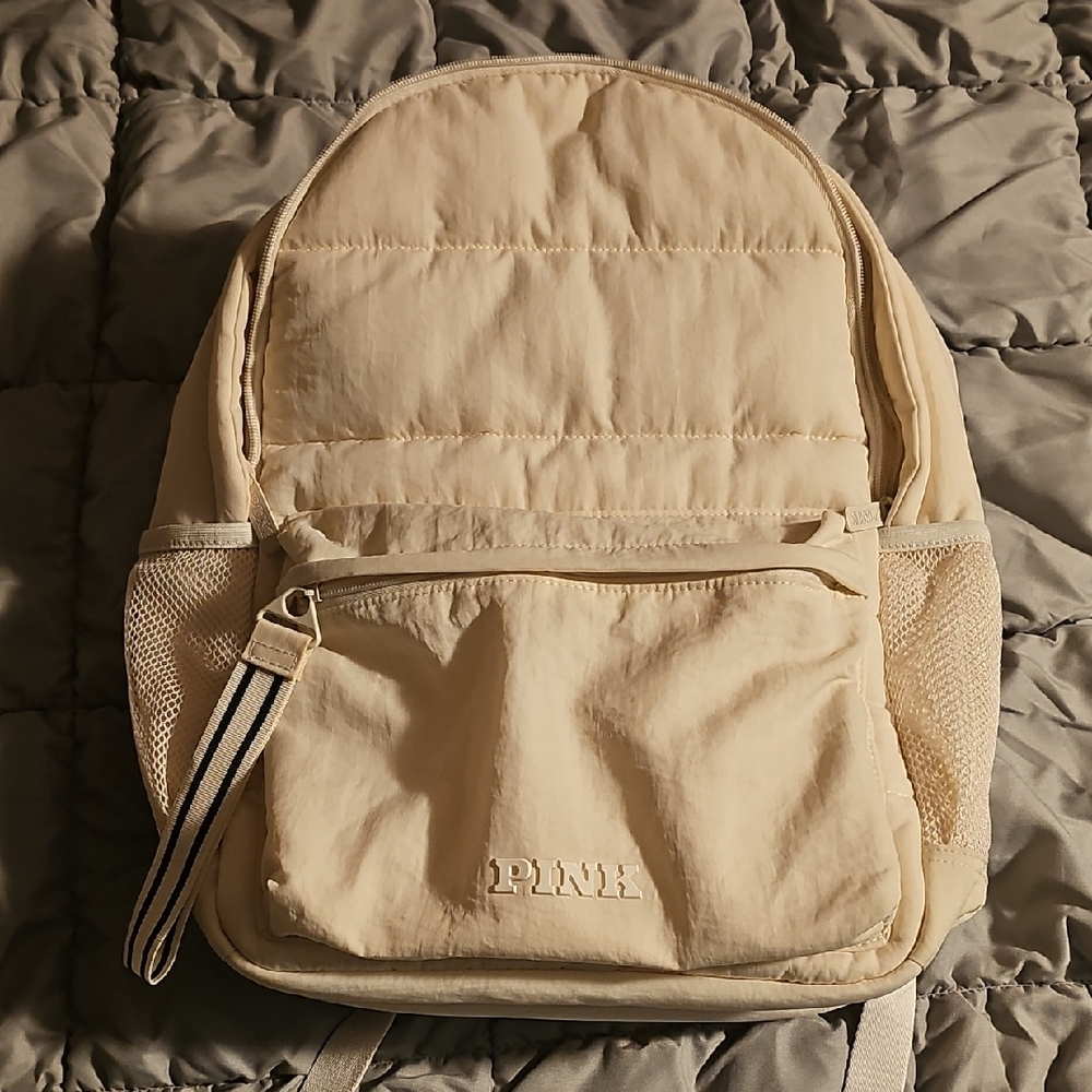 Cream VS/Pink Quilted Backpack with Front Pocket
